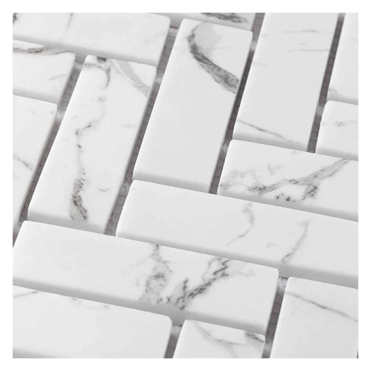 White with Gray Vein 11x13 Polished Herringbone Glass Recycled Glass Mosaic Tile (10 pack, 9.63 sq ft/case) - Sample
