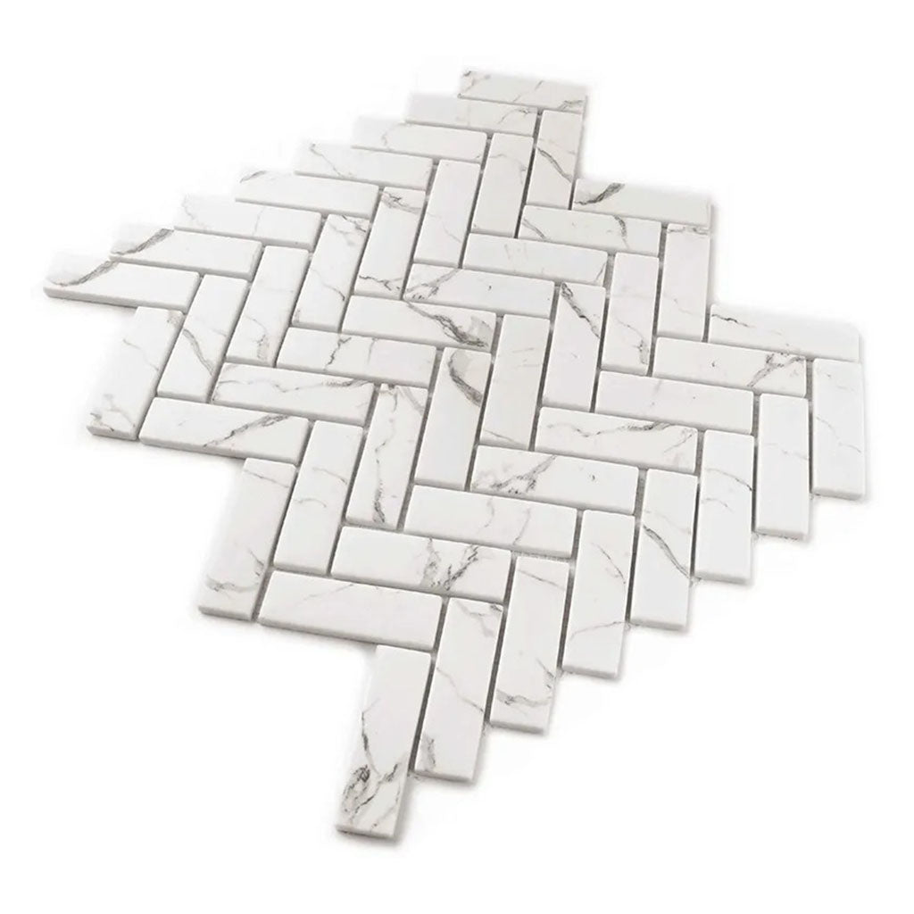 Aloha 11 in. x 12.6 in. Polished White with gray veins Glass, Recycled Glass Mosaic Herringbone Wall and Floor Tile (9.63 sq ft/case) - 10 Pack