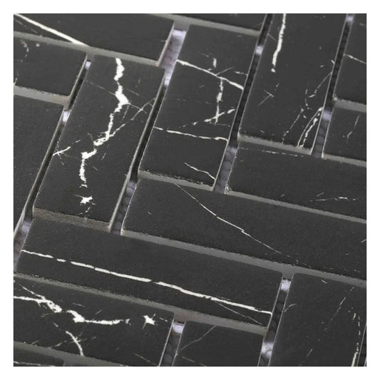 Black with White Vein 11x13 Polished Herringbone Glass Recycled Glass Mosaic Tile (10 pack, 9.63 sq ft/case) - Sample