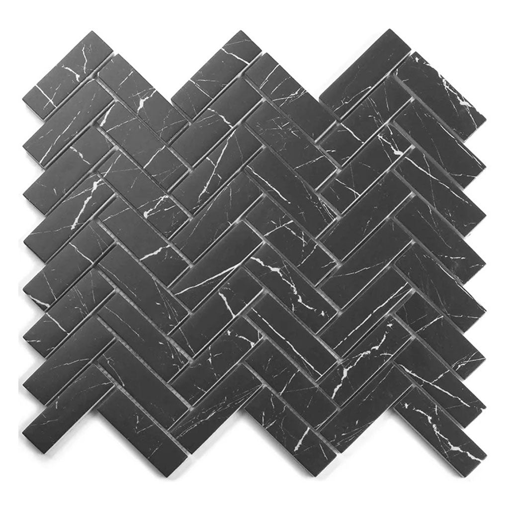 Aloha 11 in. x 12.6 in. Polished Black with white veins Glass, Recycled Glass Mosaic Herringbone Wall and Floor Tile (9.63 sq ft/case) - 10 Pack