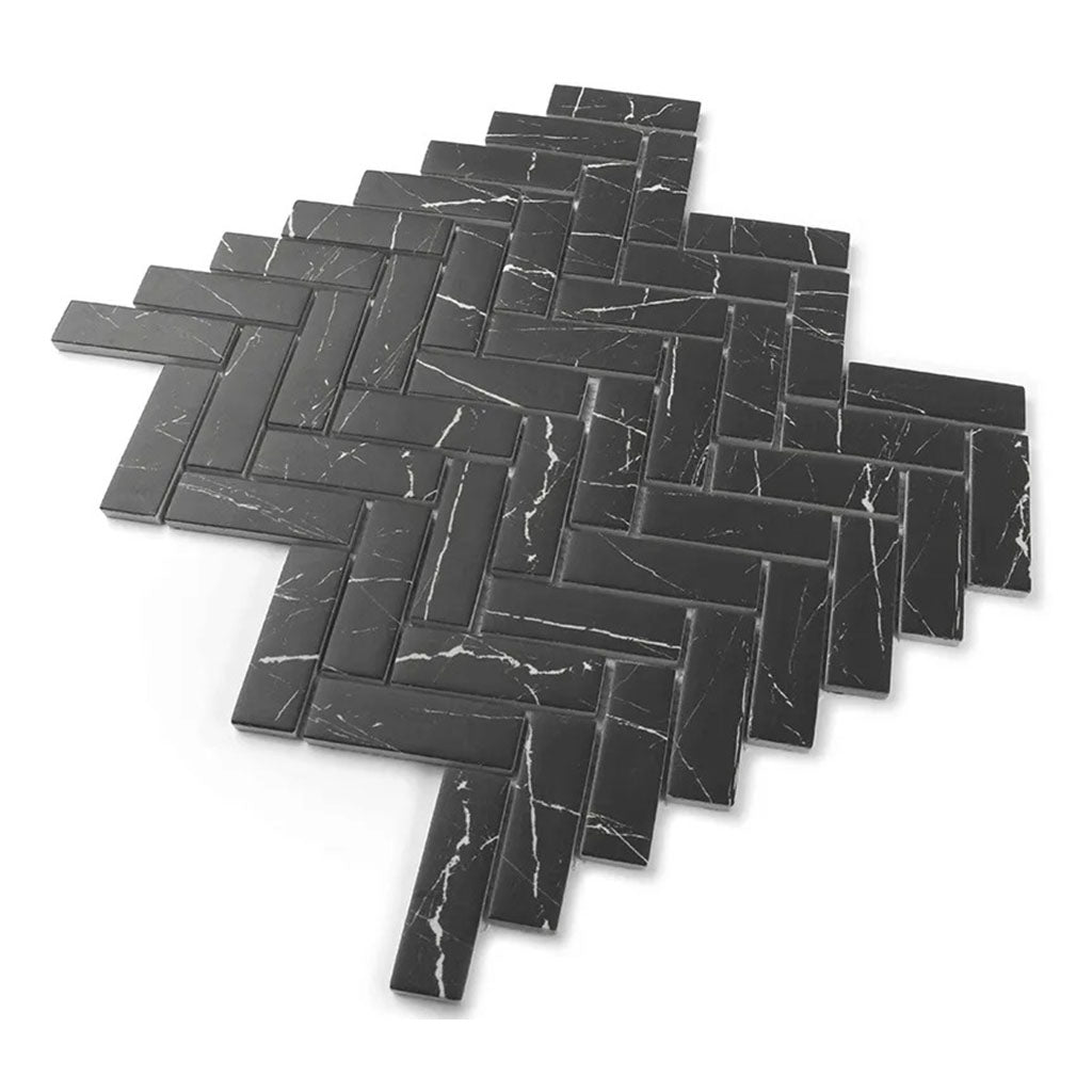 Aloha 11 in. x 12.6 in. Polished Black with white veins Glass, Recycled Glass Mosaic Herringbone Wall and Floor Tile (9.63 sq ft/case) - 10 Pack