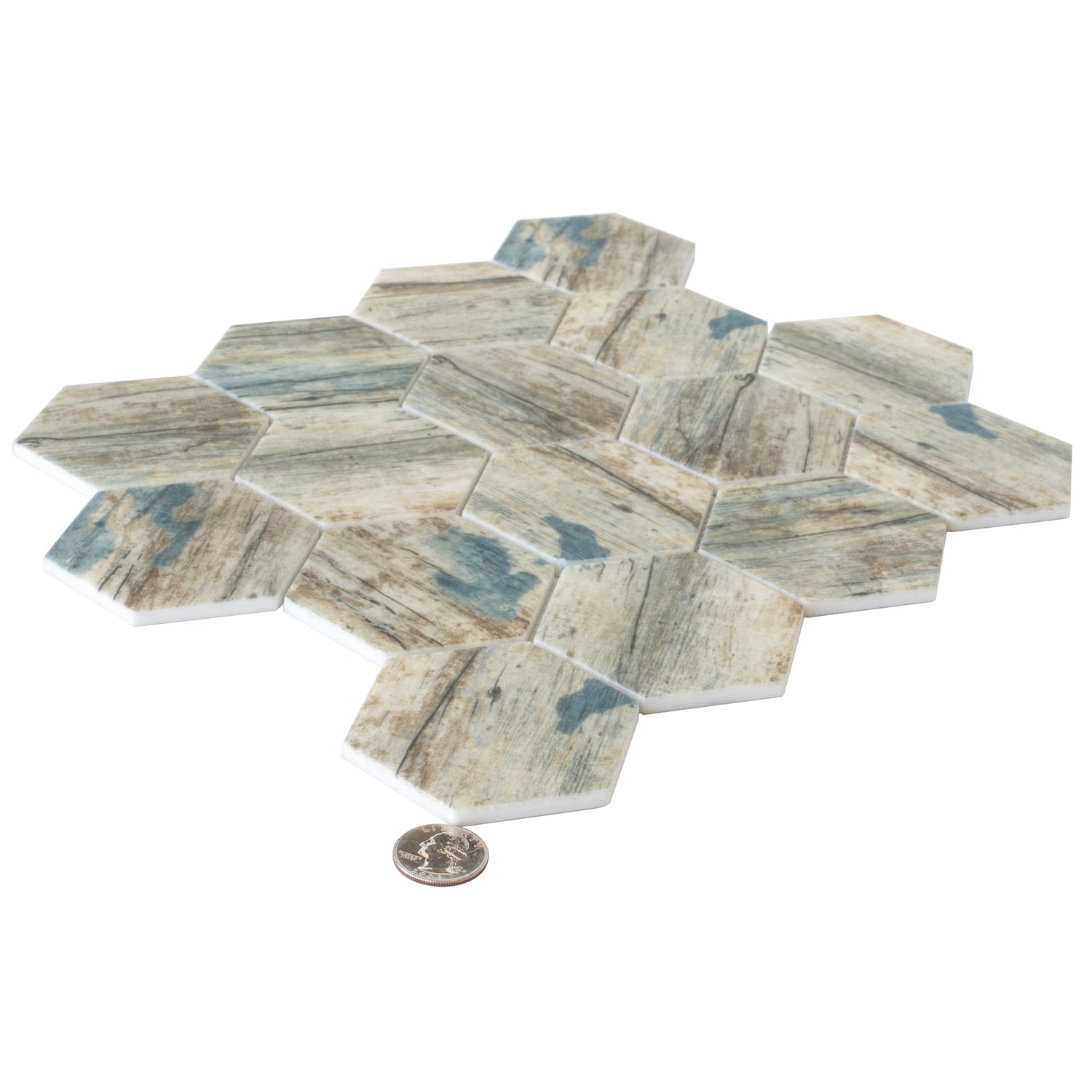 Blue Beige 10x12 Matte Hexagon Recycled Glass Mosaic Tile (10 pack, 8.29 sq ft/case) - Sample