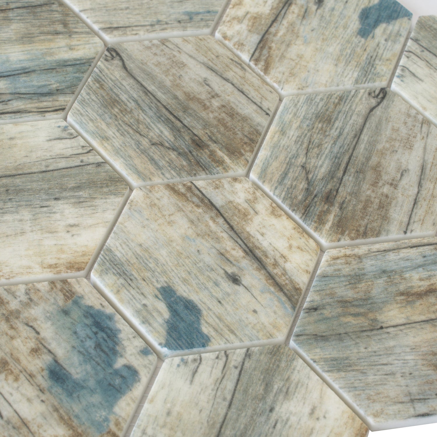 Blue Beige 10x12 Matte Hexagon Recycled Glass Mosaic Tile (10 pack, 8.29 sq ft/case) - Sample