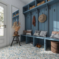 Blue beige hexagon recycled glass mosaic tile with matte finish on floor
