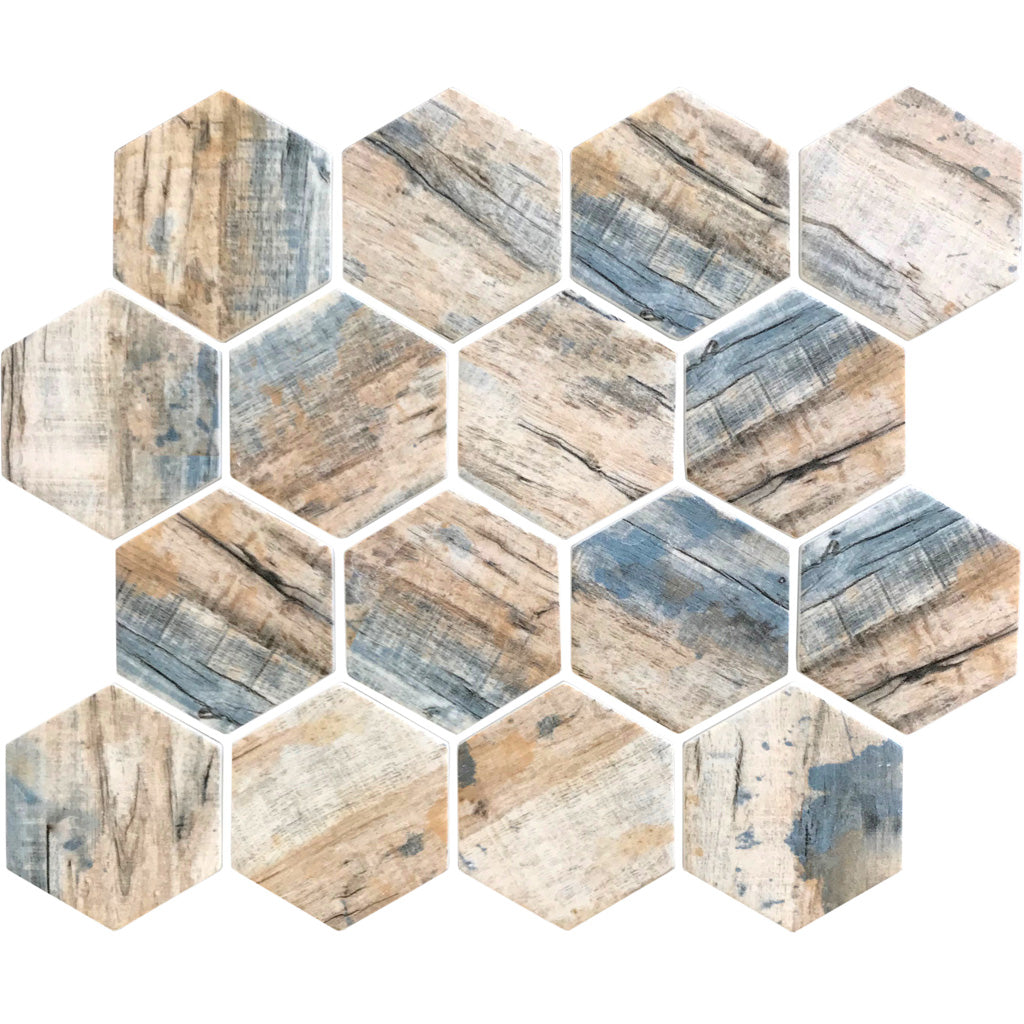 Blue Beige 10x12 Matte Hexagon Recycled Glass Mosaic Tile (10 pack, 8.29 sq ft/case) - Sample