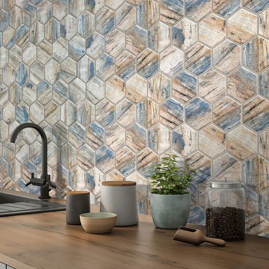 Blue beige hexagon recycled glass mosaic tile with matte finish on kitchen backsplash