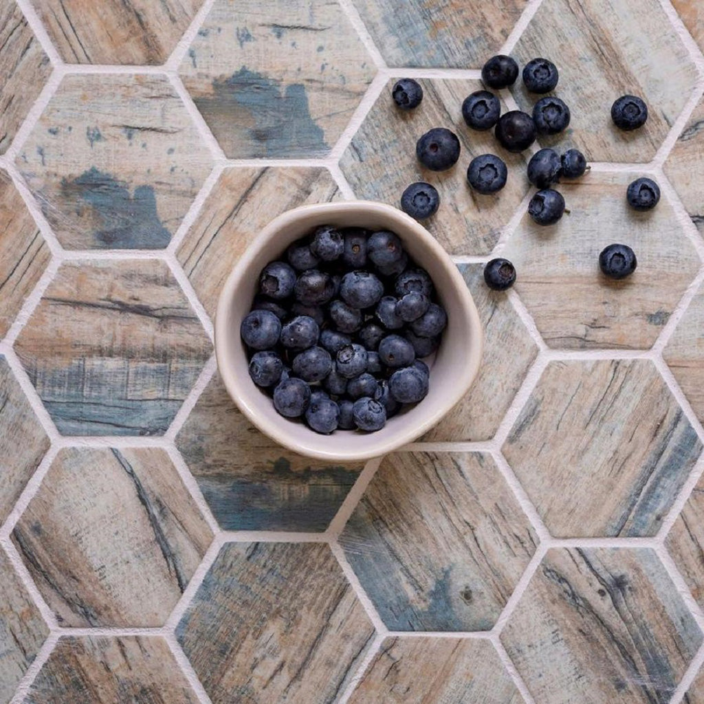 Blue Beige 10x12 Matte Hexagon Recycled Glass Mosaic Tile (10 pack, 8.29 sq ft/case) - Sample