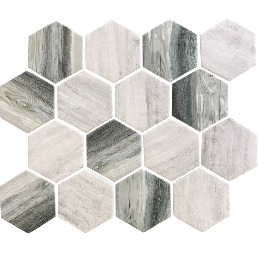 Gray Beige 10x12 Matte Hexagon Recycled Glass Mosaic Tile (10 pack, 8.29 sq ft/case) - Sample