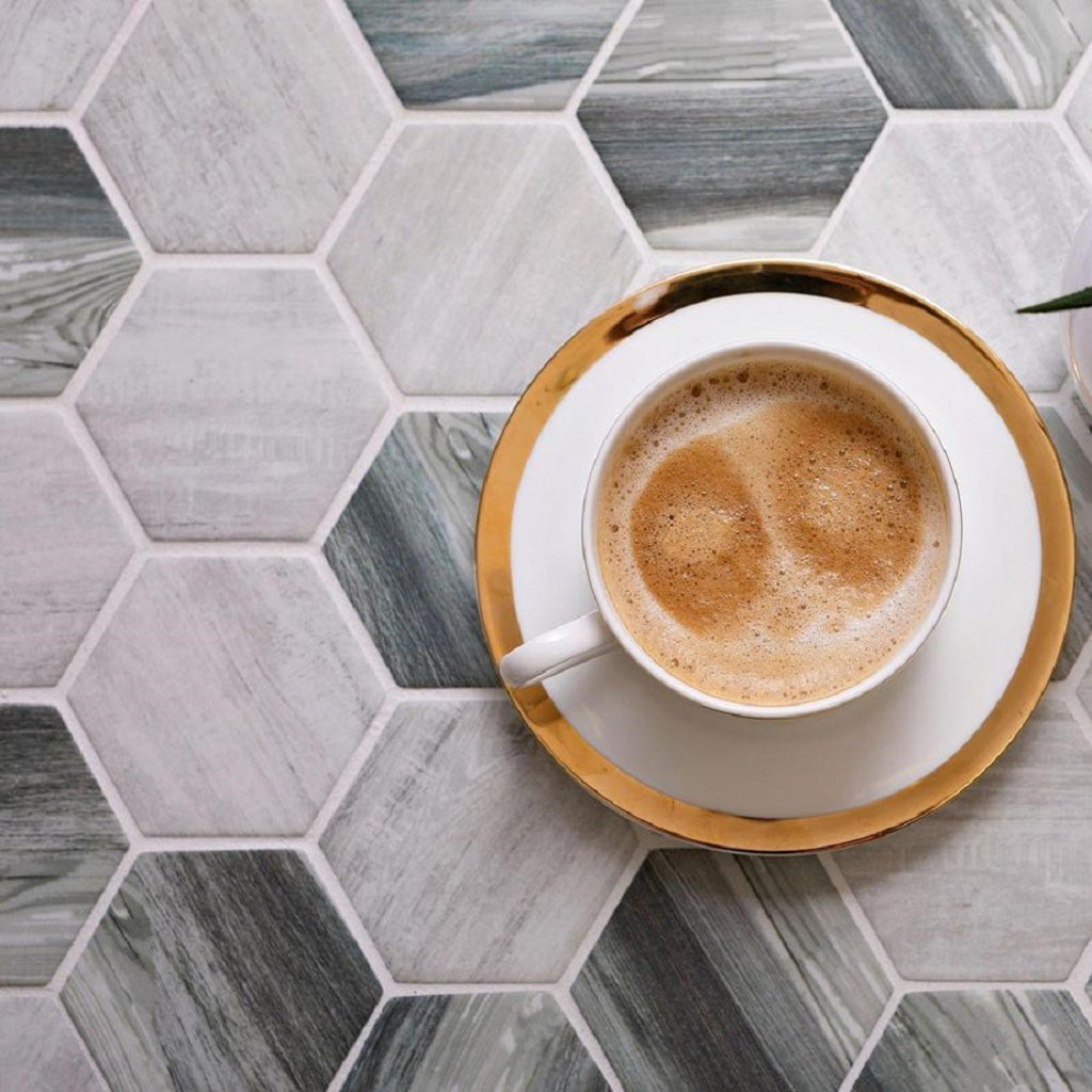 Gray Beige 10x12 Matte Hexagon Recycled Glass Mosaic Tile (10 pack, 8.29 sq ft/case) - Sample