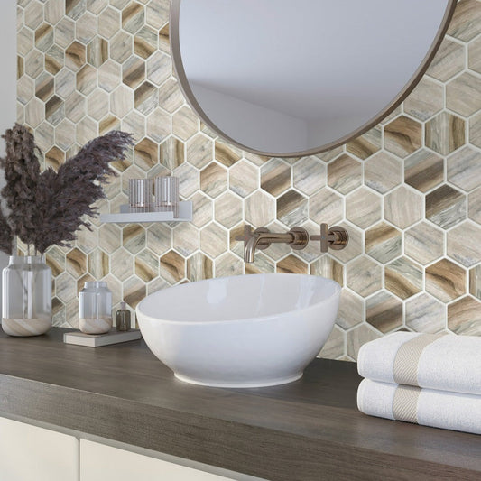 Beige 10x12 Matte Hexagon Recycled Glass Mosaic Tile (10 pack, 8.29 sq ft/case) - Sample