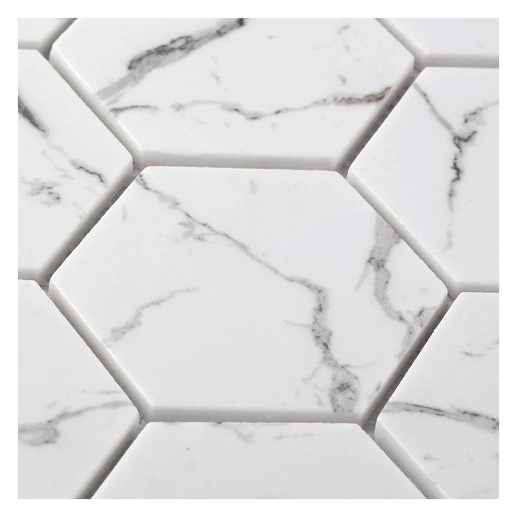 Aloha 10.2 in. x 11.7 in. Polished White with gray veins Glass, Recycled Glass Mosaic Hexagon Wall and Floor Tile (8.29 sq ft/case) - 10 Pack