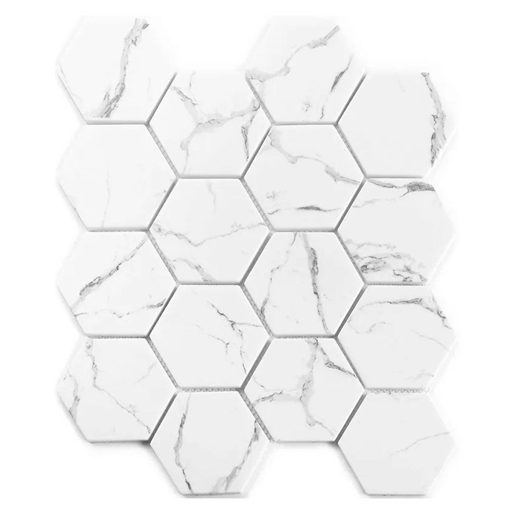 Aloha 10.2 in. x 11.7 in. Polished White with gray veins Glass, Recycled Glass Mosaic Hexagon Wall and Floor Tile (8.29 sq ft/case) - 10 Pack