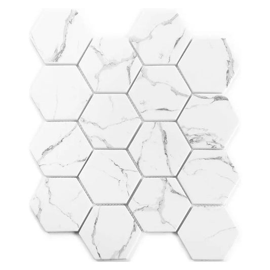 Aloha 10.2 in. x 11.7 in. Polished White with gray veins Glass, Recycled Glass Mosaic Hexagon Wall and Floor Tile (8.29 sq ft/case) - 10 Pack