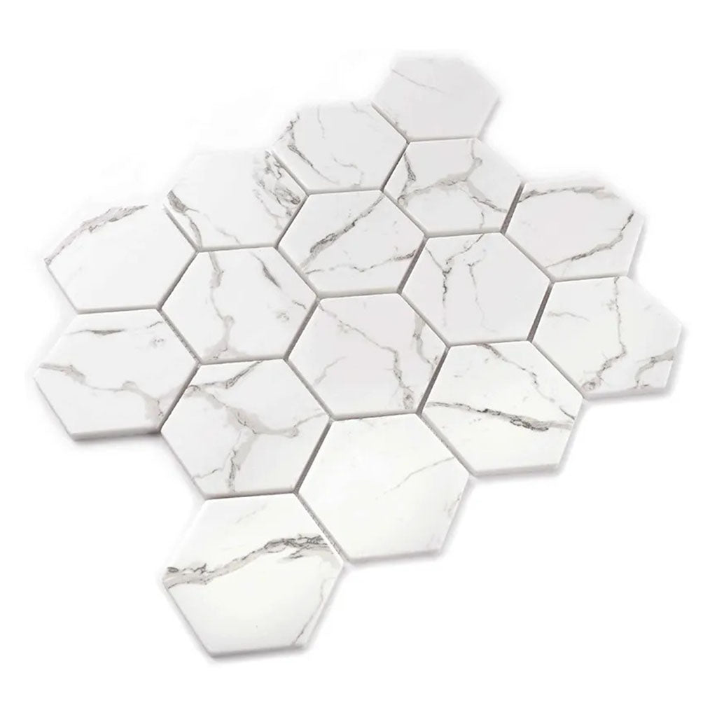 Aloha 10.2 in. x 11.7 in. Polished White with gray veins Glass, Recycled Glass Mosaic Hexagon Wall and Floor Tile (8.29 sq ft/case) - 10 Pack