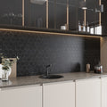 polished black hexagon recycled glass mosaic tile backsplash with white veining