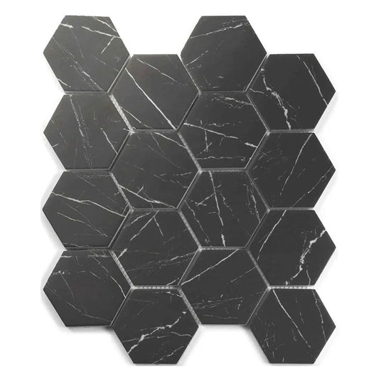 Aloha 10.2 in. x 11.7 in. Polished Black with white veins Glass, Recycled Glass Mosaic Hexagon Wall and Floor Tile (8.29 sq ft/case) - 10 Pack