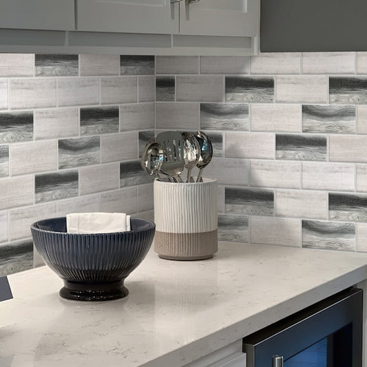Gray beige matte recycled glass mosaic brick look tiles on kitchen backsplash