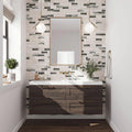 gray beige matte recycled glass subway mosaic tile in brick pattern on bathroom wall