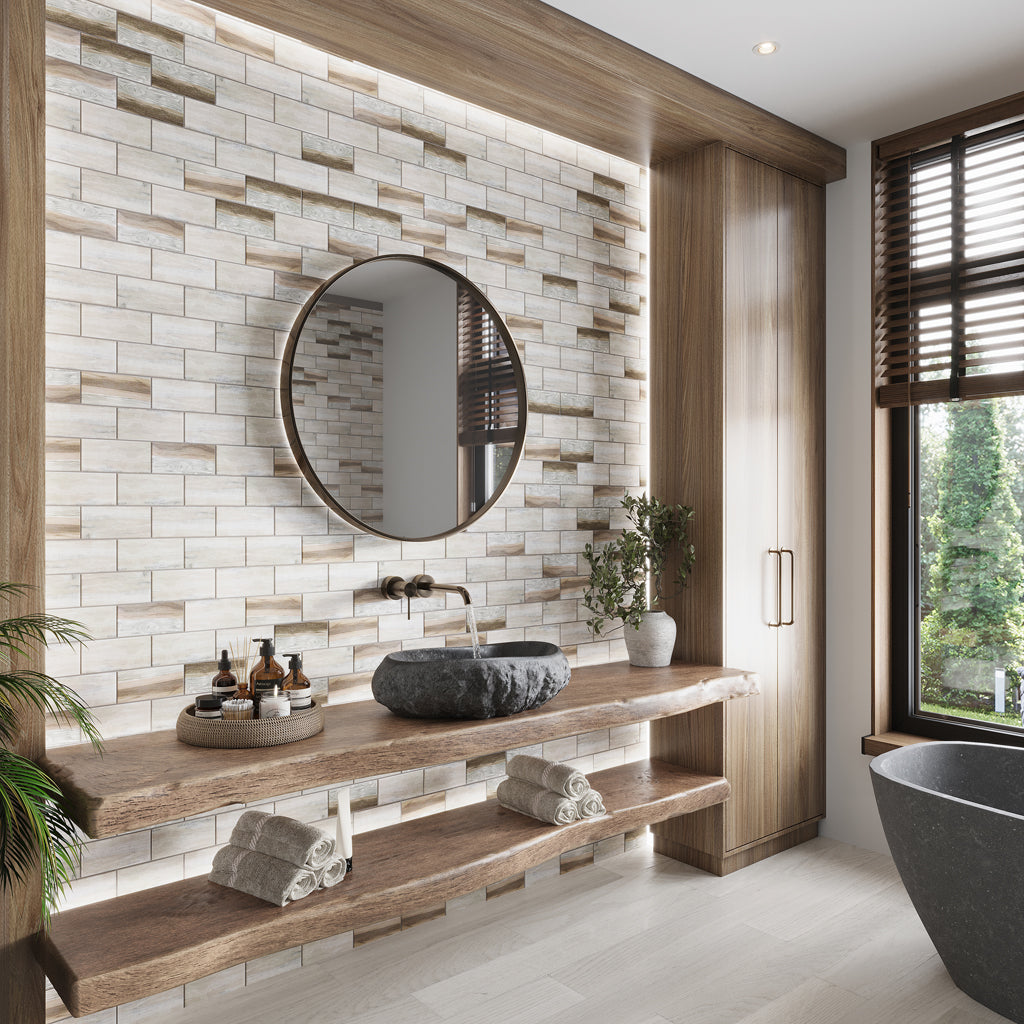 Beige 12x12 Matte Brick Recycled Glass Mosaic Tile (10 pack, 9.18 sq ft/case) - Sample