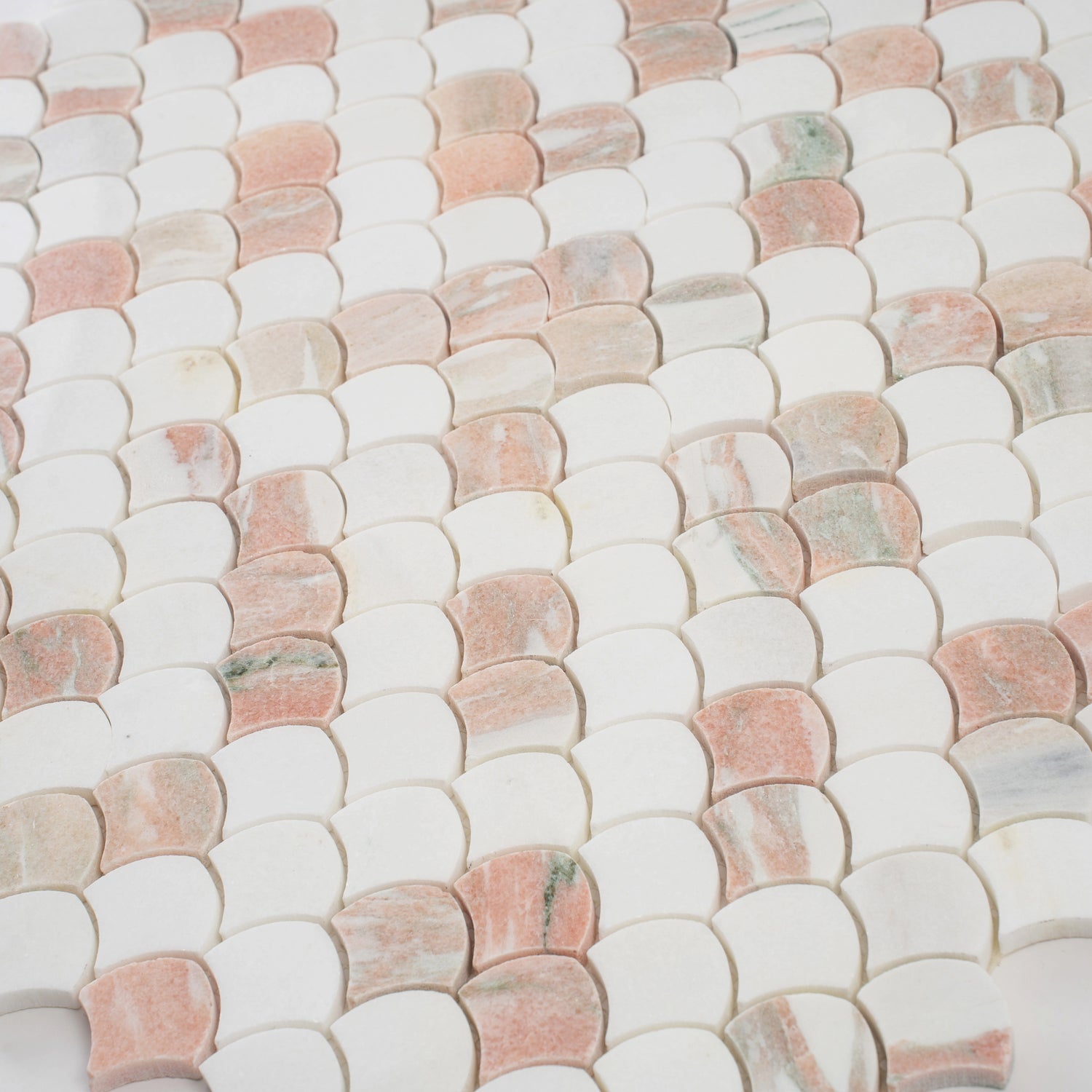Thassos Norway Rose 11x11 polished fan mosaic tile in pink and white natural stone finish