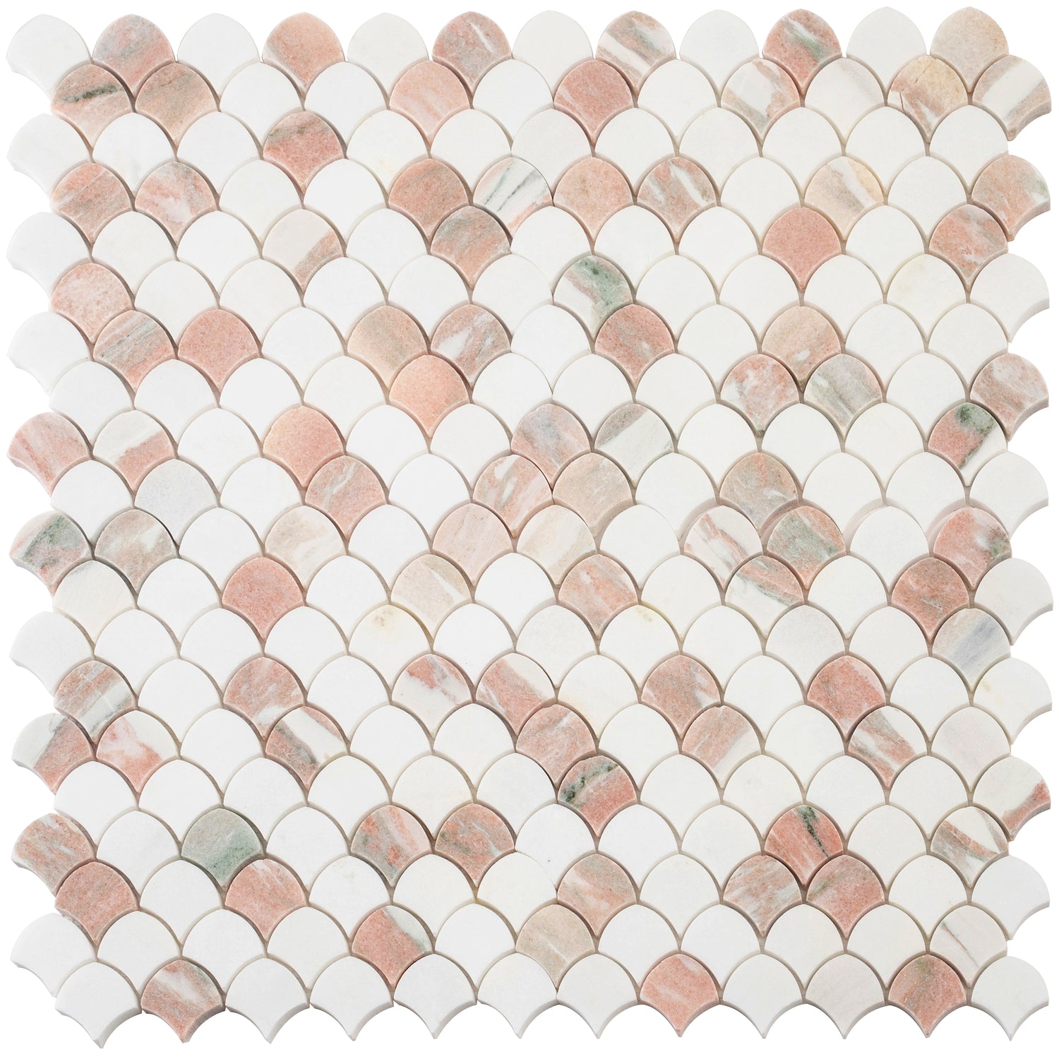 Thassos and Norway Rose polished fan mosaic tile with pink and white marble tones, 11x11 inch sheet