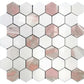 Polished hexagon mosaic tile in Thassos white and Norway rose pink natural stone colors