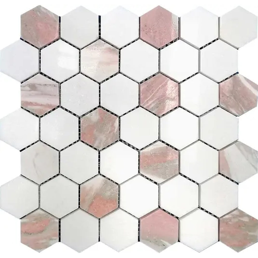 Polished hexagon mosaic tile in Thassos white and Norway rose pink natural stone colors