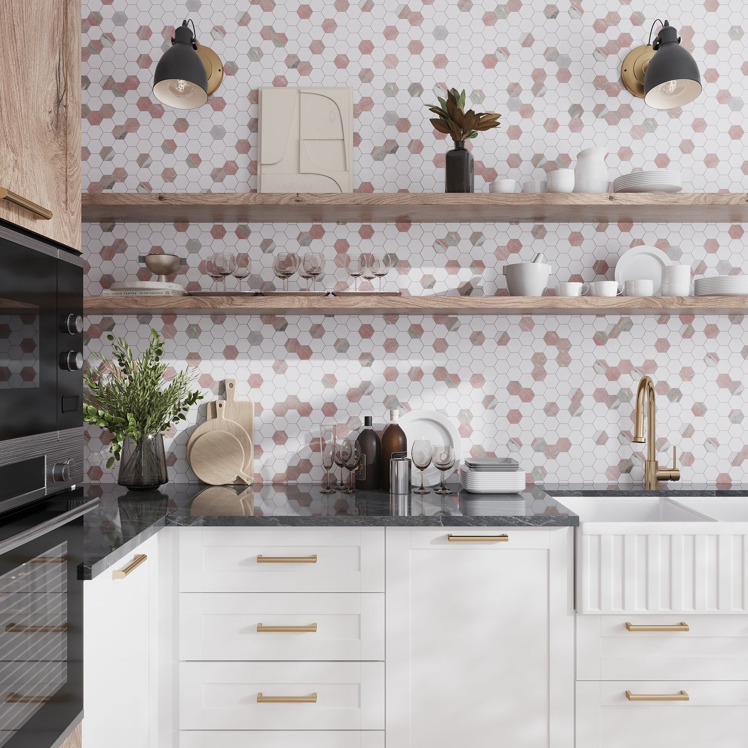 Thassos Norway Rose polished hexagon mosaic tile with white and rose marble accents