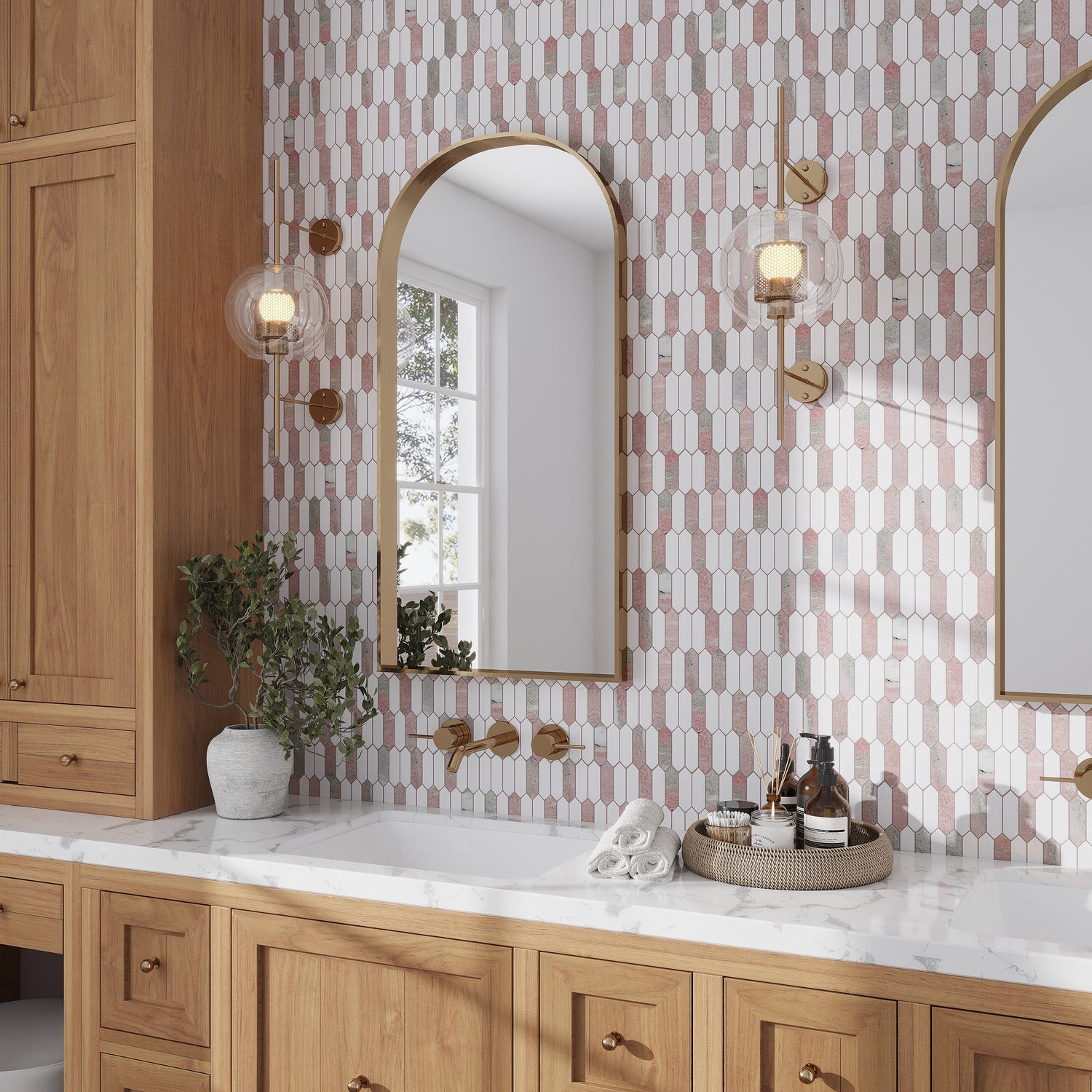 Thassos Norway Rose polished picket mosaic tiles in 12x12 layout with pink and white tones