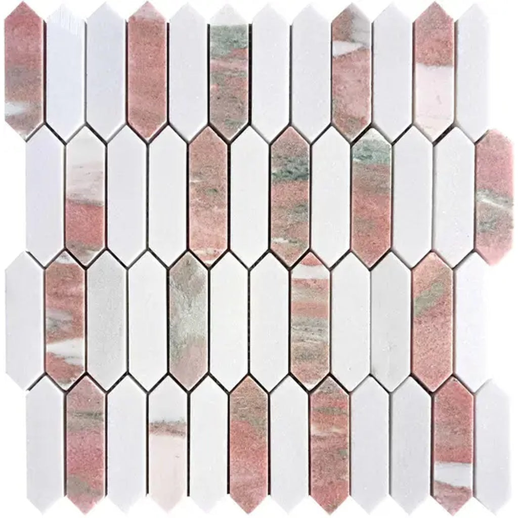 Sample - Thassos, Norway Rose 12x12 Polished Picket Mosaic Tile (5.3 sq ft/case, 5-Pack)