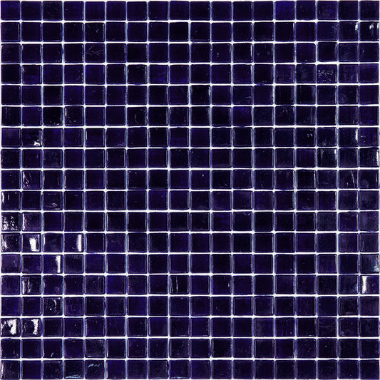 Glossy indigo blue 12x12 glass mosaic tile sheet with small square tiles for wall and floor use