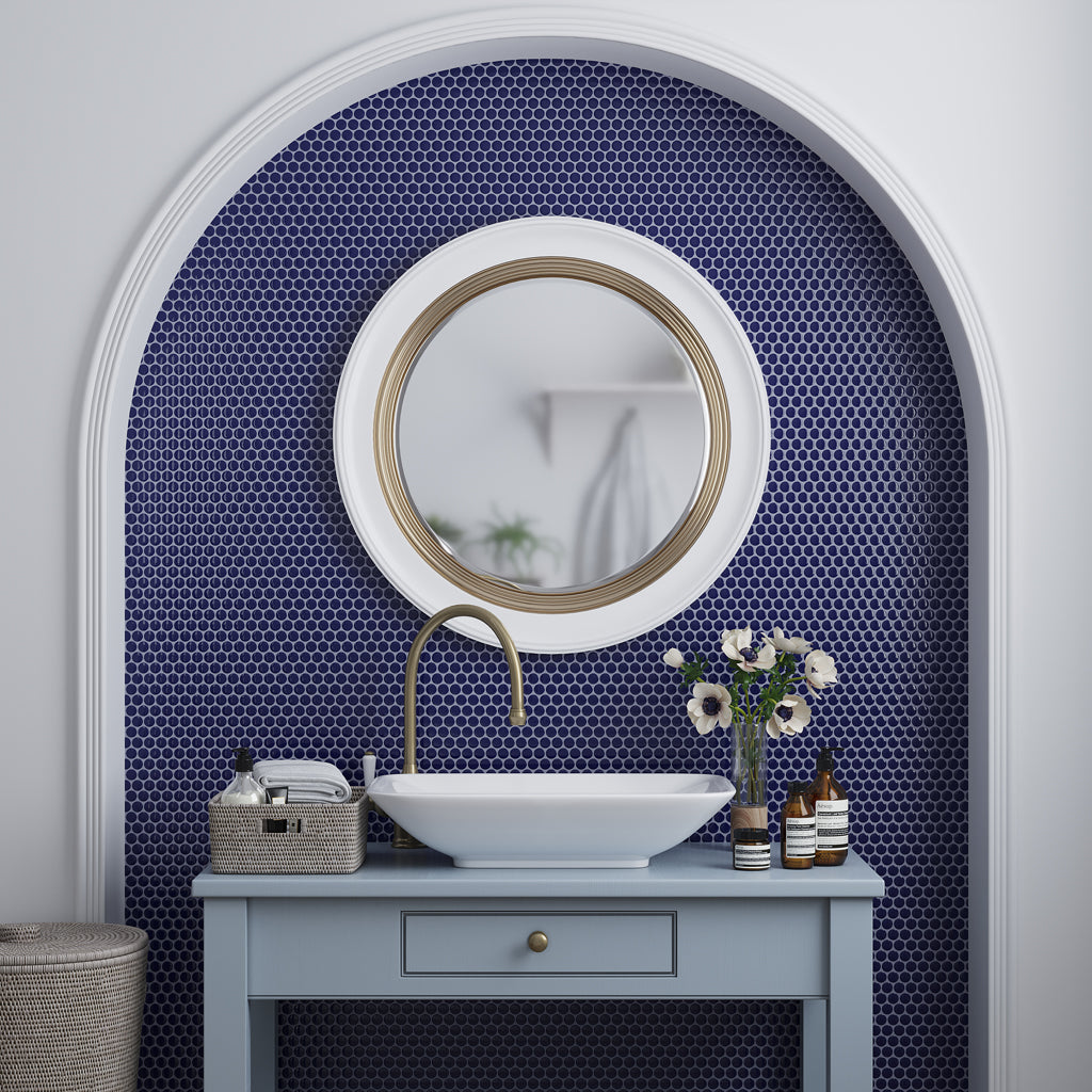 Indigo Blue 12x12 Glossy Penny Round Porcelain Mosaic Tile (10 pack, 9.87 sq ft/case) - Sample