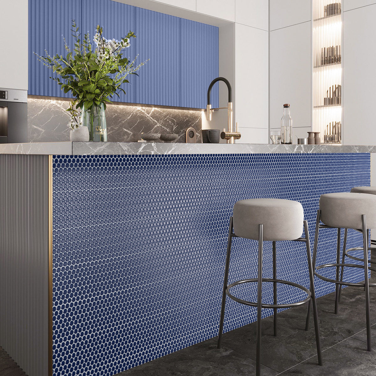 Indigo Blue 12x12 Glossy Penny Round Porcelain Mosaic Tile (10 pack, 9.87 sq ft/case) - Sample