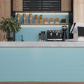 Sky blue glossy porcelain penny round mosaic tile on kitchen backsplash and counter front wall