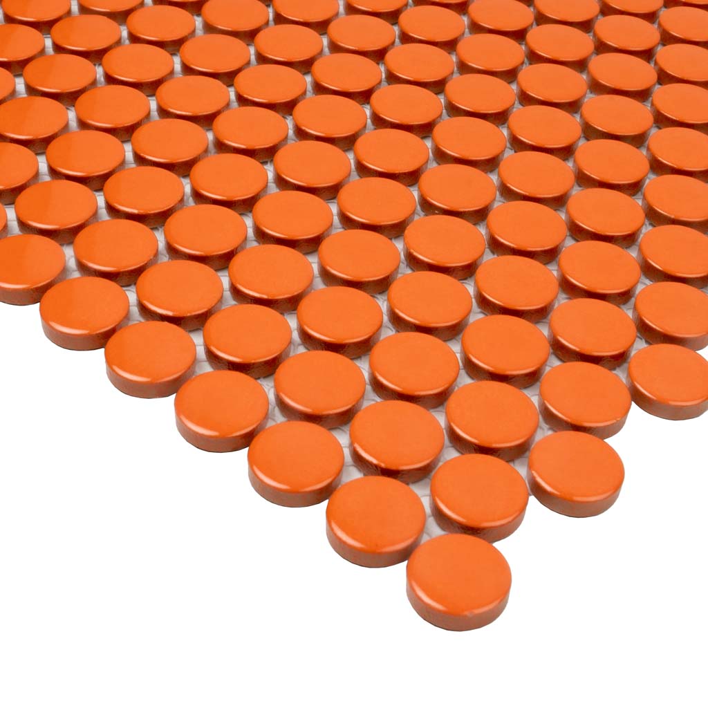 Orange 12x12 Glossy Penny Round Porcelain Mosaic Tile (10 pack, 9.87 sq ft/case) - Sample