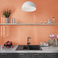 Orange glossy porcelain penny round mosaic tile on kitchen backsplash