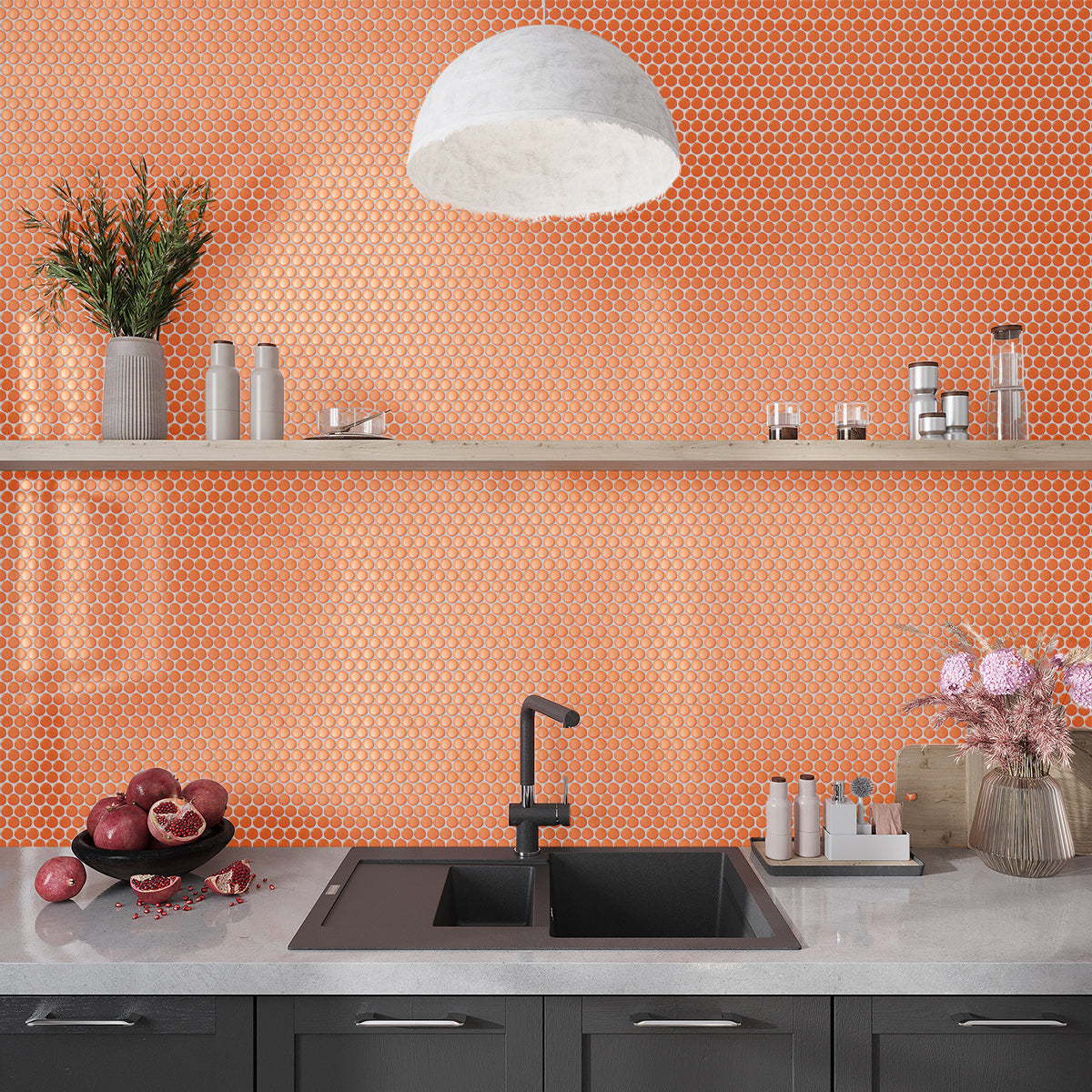 Orange 12x12 Glossy Penny Round Porcelain Mosaic Tile (10 pack, 9.87 sq ft/case) - Sample