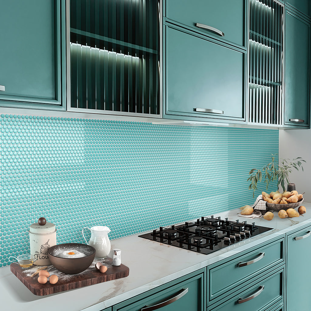 Turquoise 12x12 Glossy Penny Round Porcelain Mosaic Tile (10 pack, 9.87 sq ft/case) - Sample