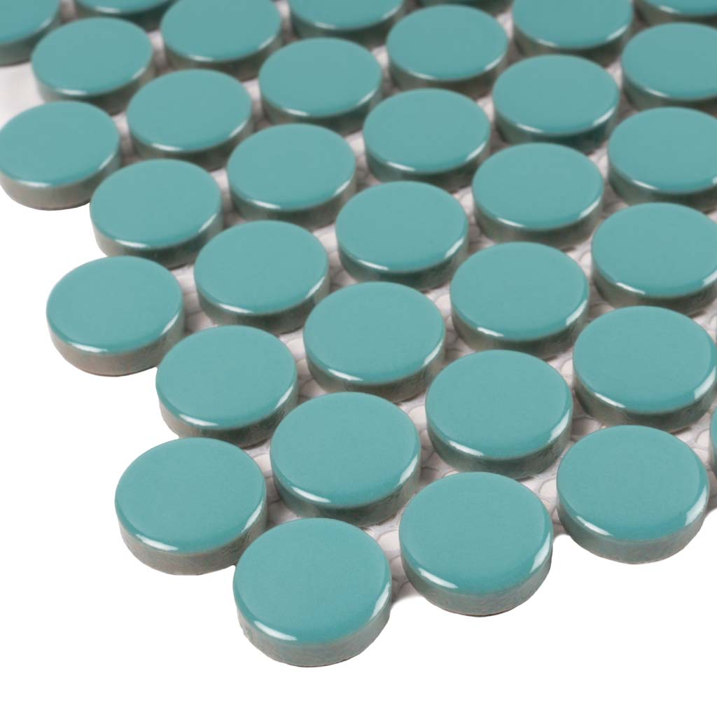 Turquoise 12x12 Glossy Penny Round Porcelain Mosaic Tile (10 pack, 9.87 sq ft/case) - Sample