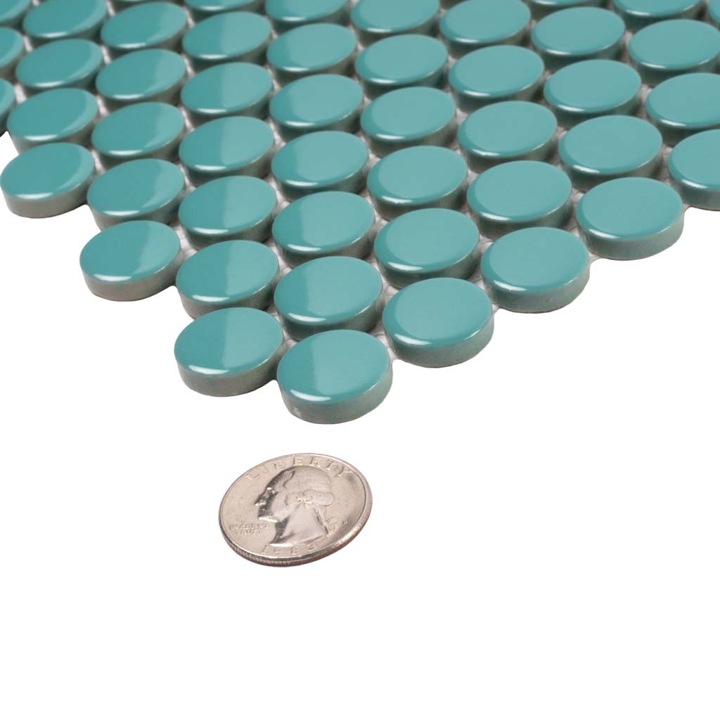 Turquoise 12x12 Glossy Penny Round Porcelain Mosaic Tile (10 pack, 9.87 sq ft/case) - Sample