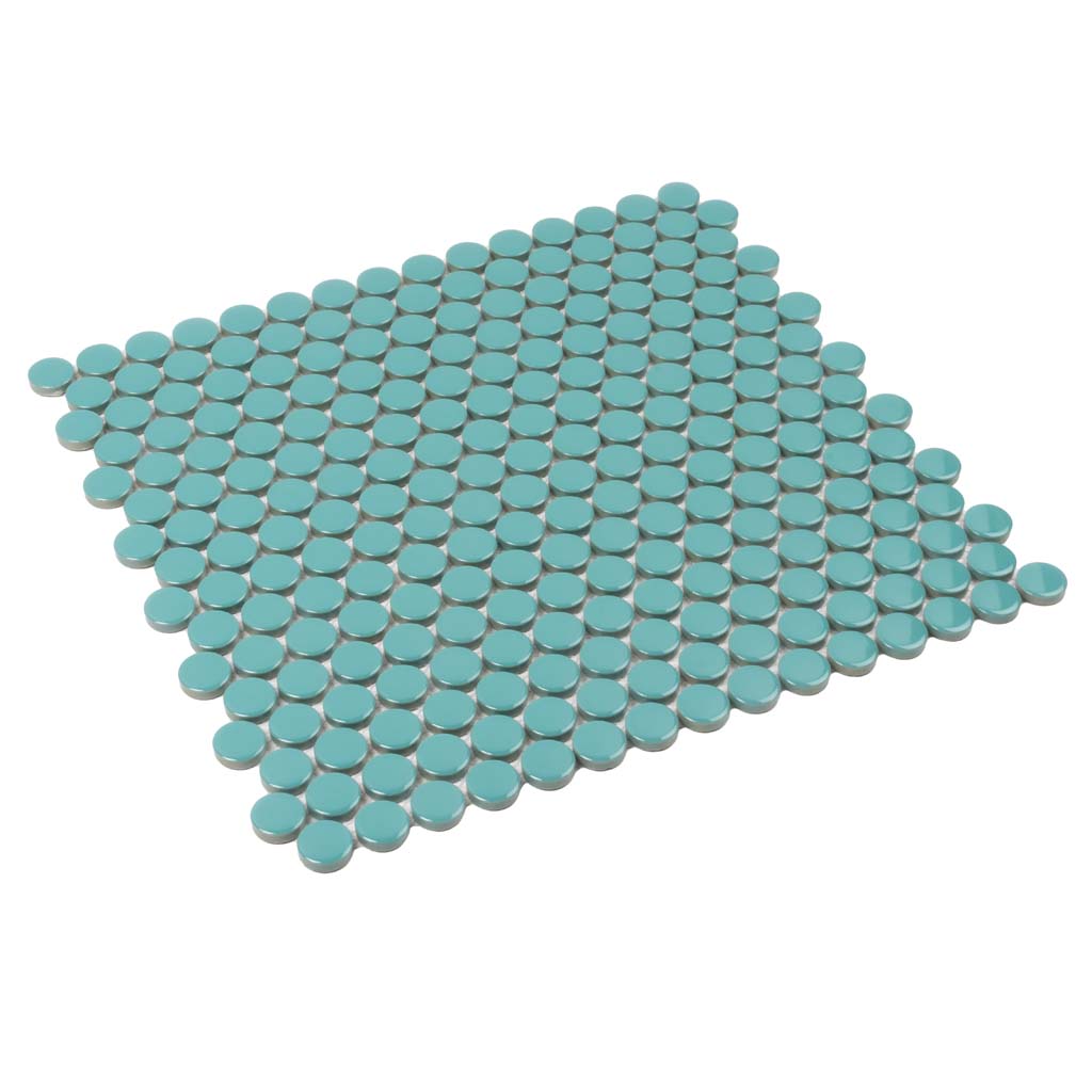 Turquoise 12x12 Glossy Penny Round Porcelain Mosaic Tile (10 pack, 9.87 sq ft/case) - Sample