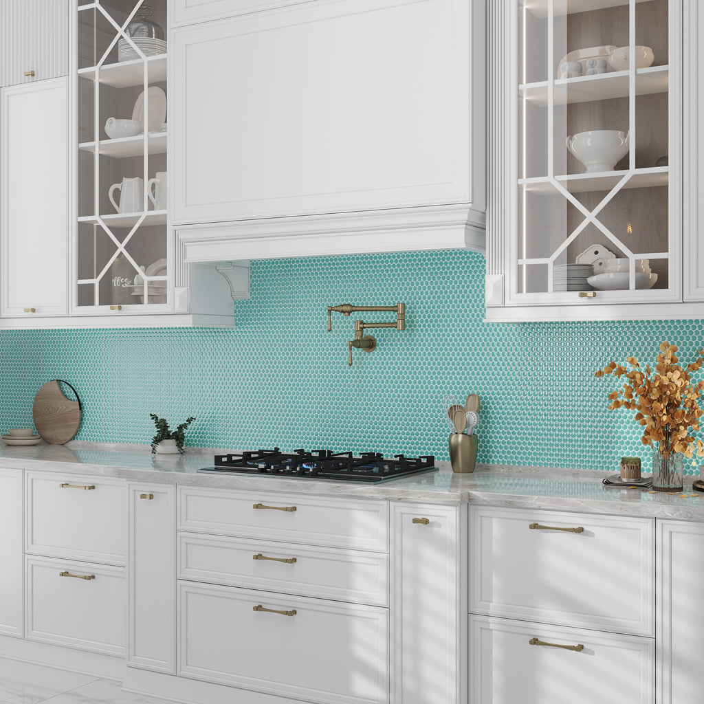 Turquoise 12x12 Glossy Penny Round Porcelain Mosaic Tile (10 pack, 9.87 sq ft/case) - Sample