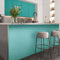 Turquoise glossy porcelain penny round mosaic tile installed on kitchen island and backsplash