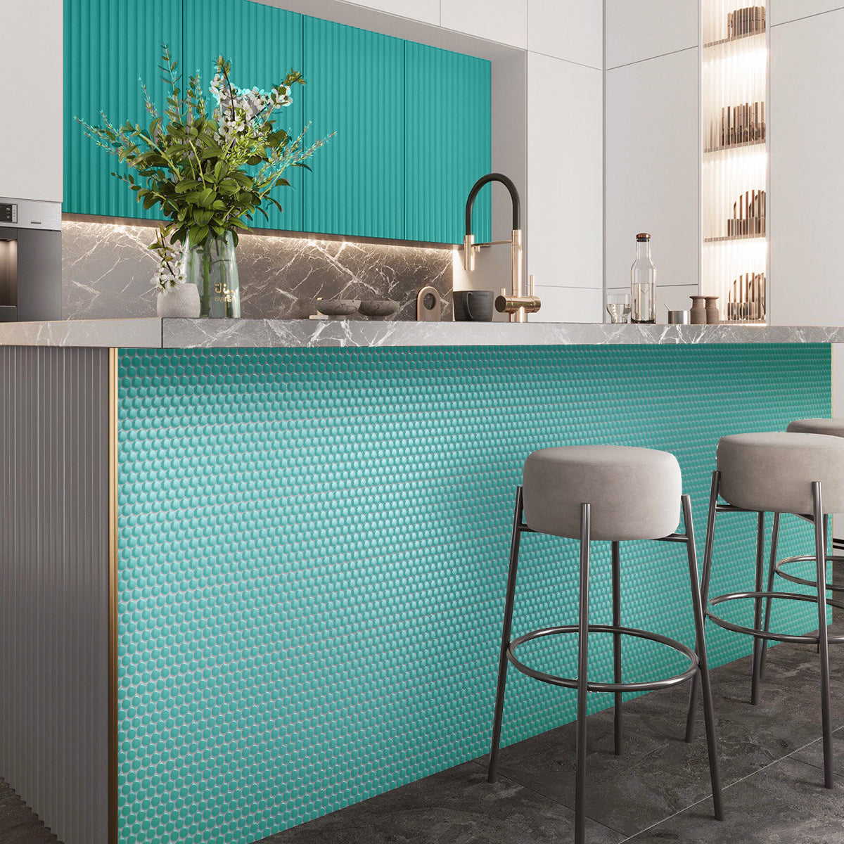 Turquoise 12x12 Glossy Penny Round Porcelain Mosaic Tile (10 pack, 9.87 sq ft/case) - Sample