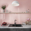 Glossy nude pink porcelain penny round mosaic tile on kitchen backsplash wall