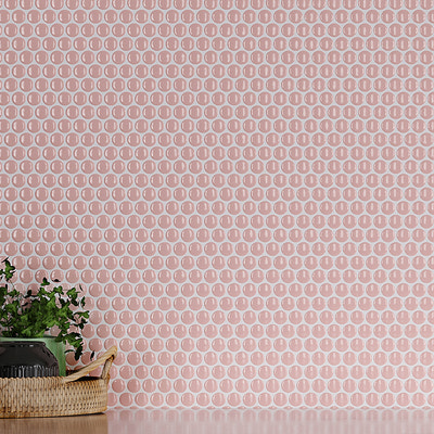 Glossy pink porcelain penny round mosaic tile on bathroom wall, 0.75 by 0.75 inches each