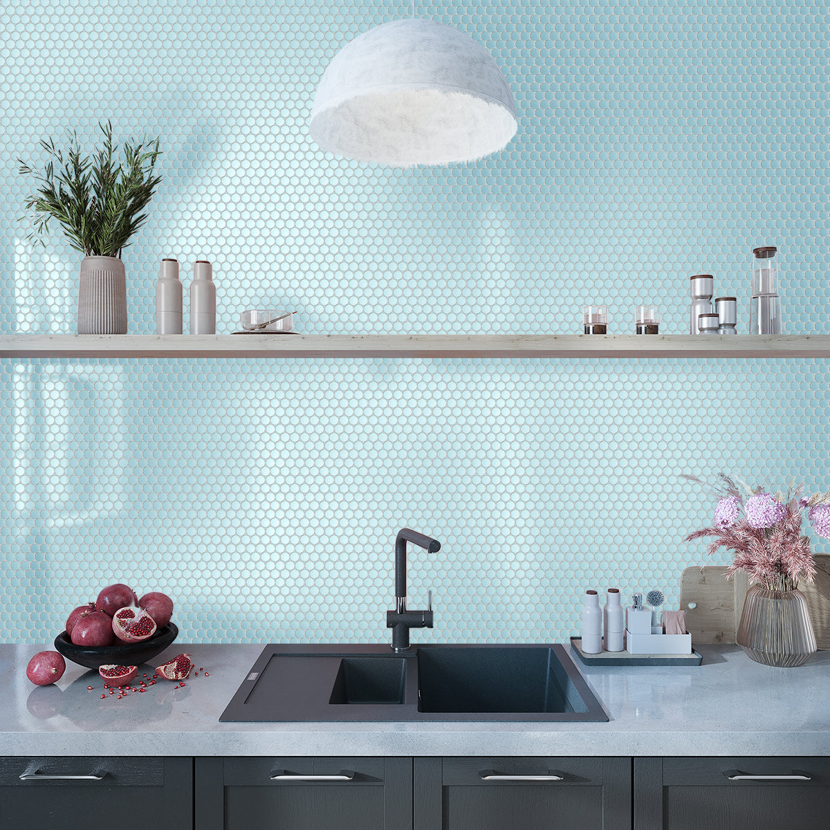 Cyan Blue 12x12 Matte Penny Round Porcelain Mosaic Tile (10 pack, 9.87 sq ft/case) - Sample
