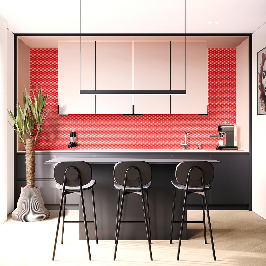 Red 12x12 Glossy Penny Round Porcelain Mosaic Tile (10 pack, 9.87 sq ft/case) - Sample