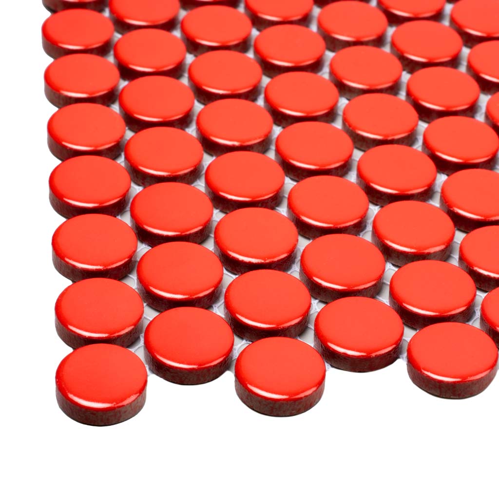 Red 12x12 Glossy Penny Round Porcelain Mosaic Tile (10 pack, 9.87 sq ft/case) - Sample