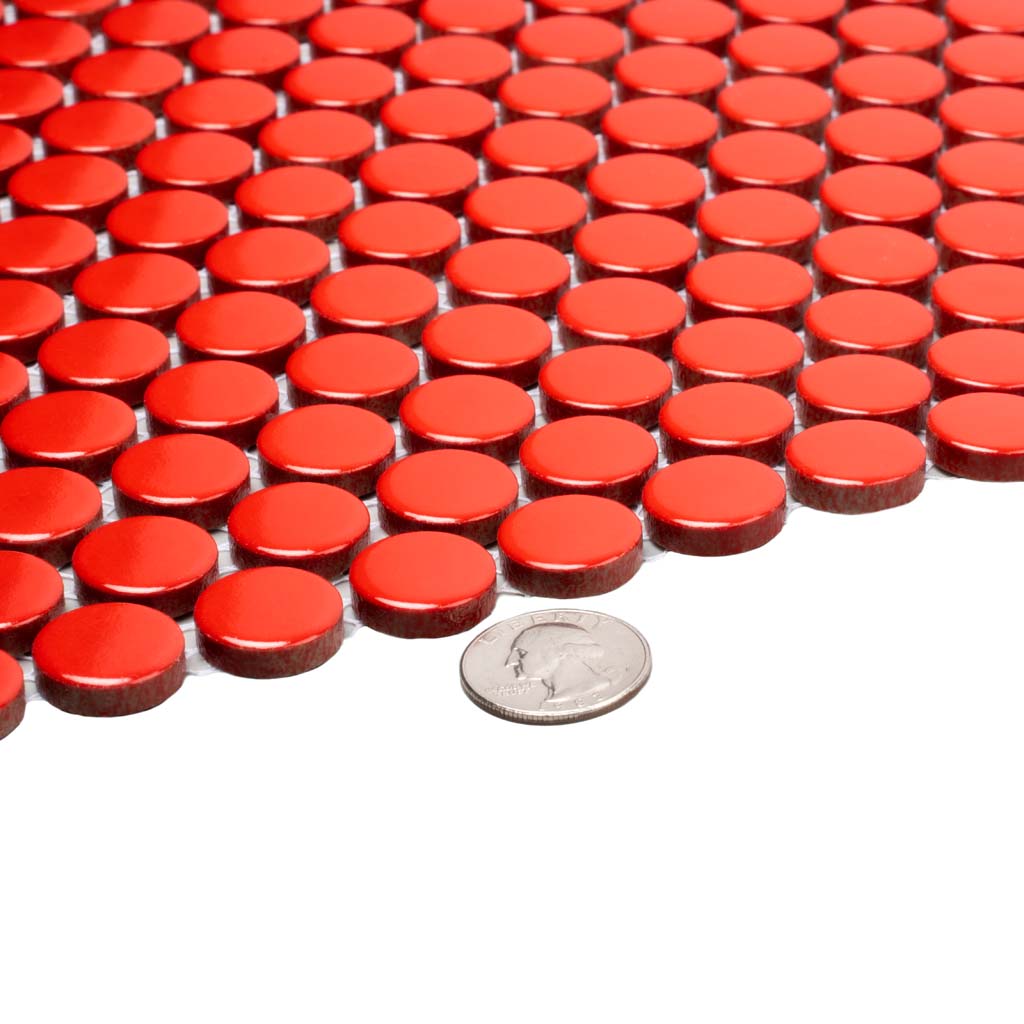 Red 12x12 Glossy Penny Round Porcelain Mosaic Tile (10 pack, 9.87 sq ft/case) - Sample